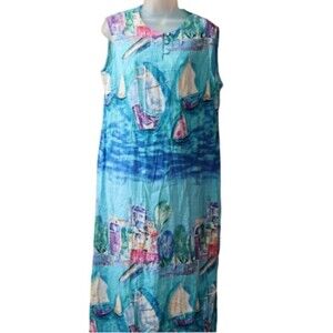 C.M. Shapes Vintage 90s Sailboat Art To Wear Maxi Dress USA Large